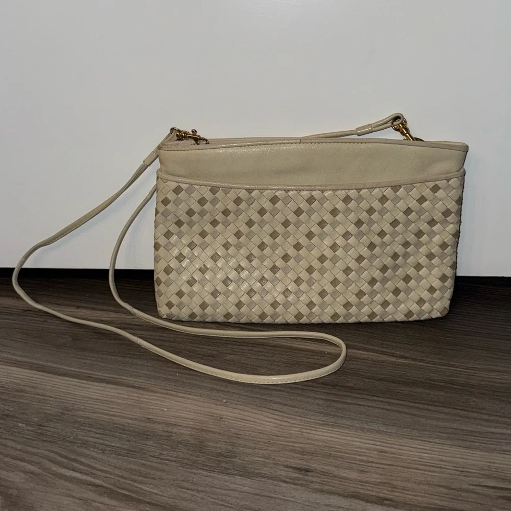 Vintage Ganson Woven Ivory Leather Crossbody - Picture 1 of 8